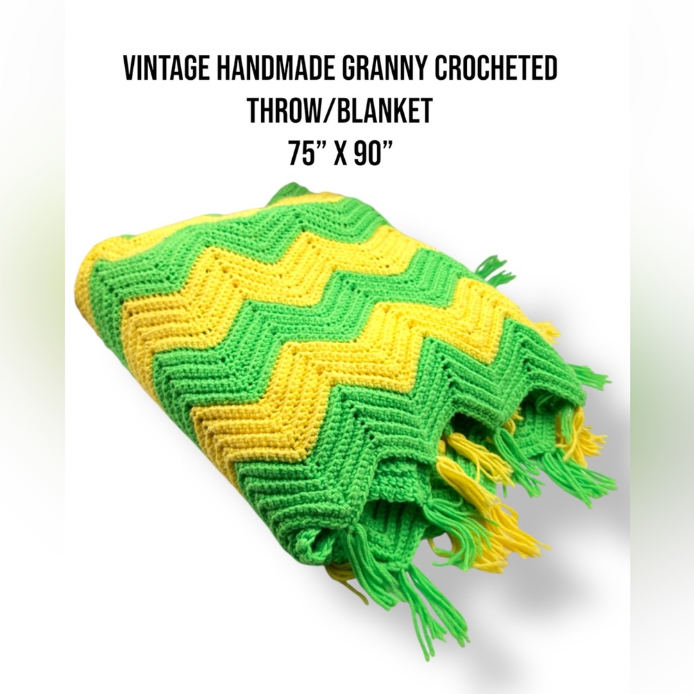 Vintage Handmade Granny Crocheted Throw/Blanket 
75” x 90” ‎ Green and Yellow